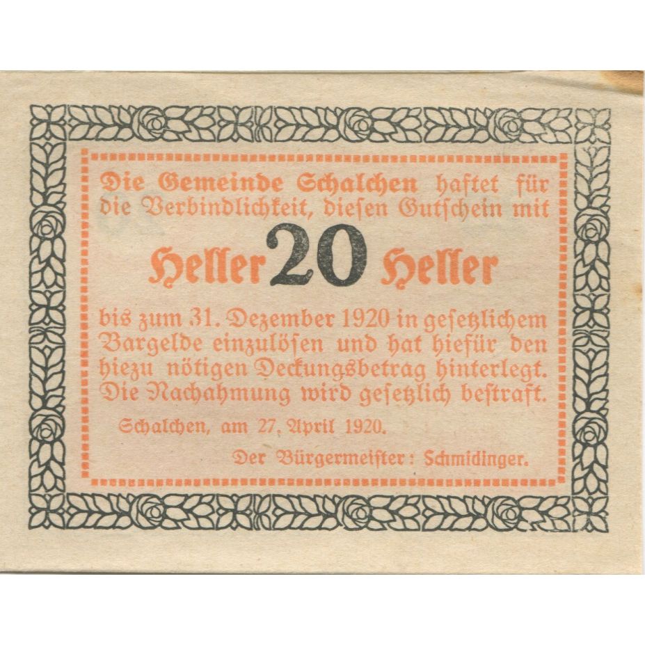 Nota, Áustria, Schalchen, 20 Heller, Eglise, 1920 AU(55-58) Mehl:FS 952a