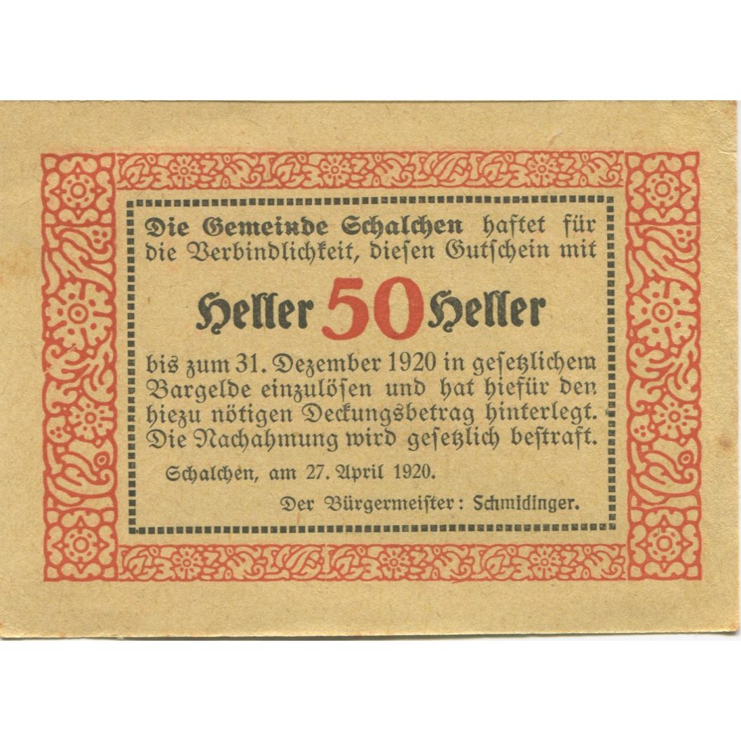 Banconote, Austria, Schalchen, 50 Heller, paysage, 1920 SPL Mehl:FS 952a