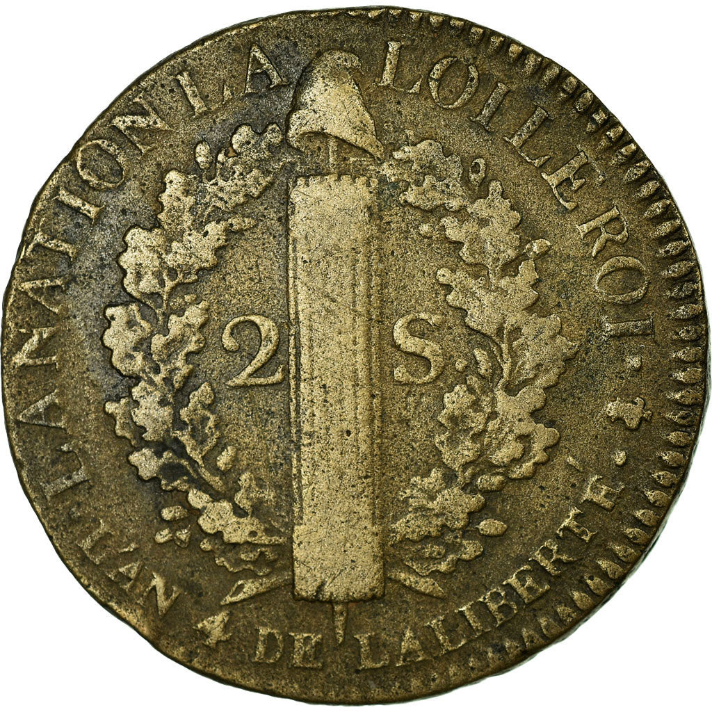 Moneta, Francia, 2 sols françois, 2 Sols, 1792, Paris, MB+, Bronzo, KM:603.1