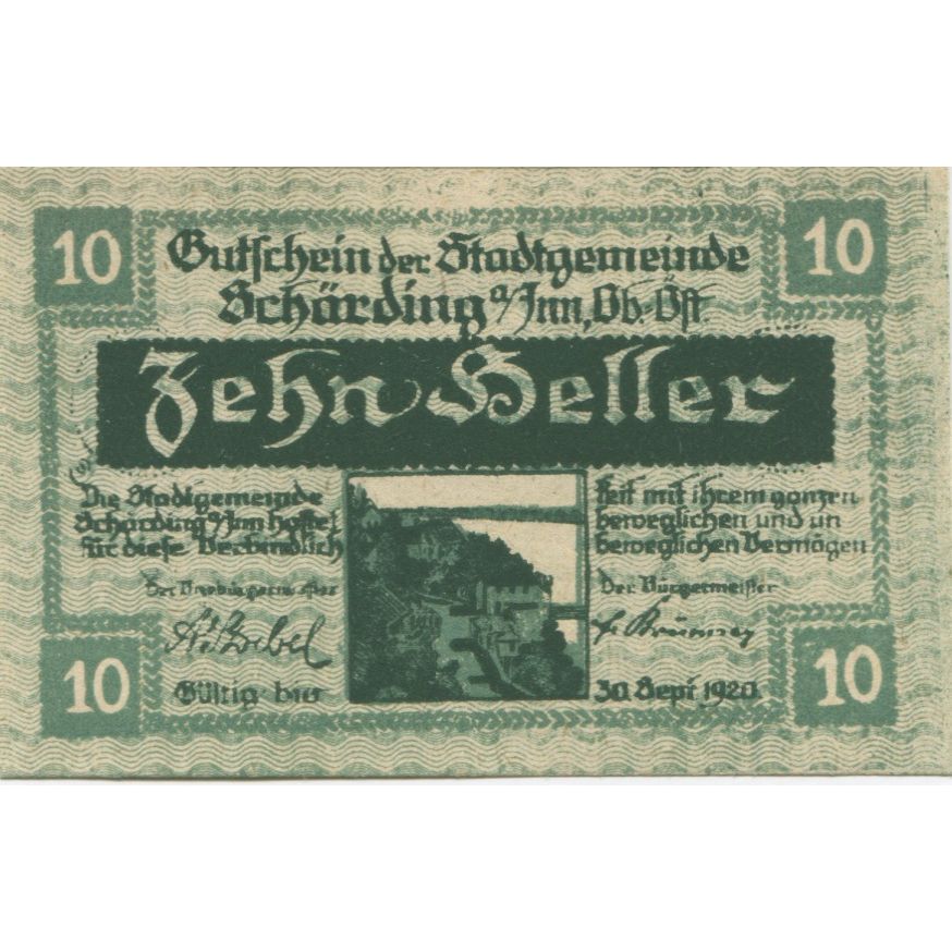 Nota, Áustria, Schärding, 10 Heller, paysage, 1920 UNC(63) Mehl:FS 951I