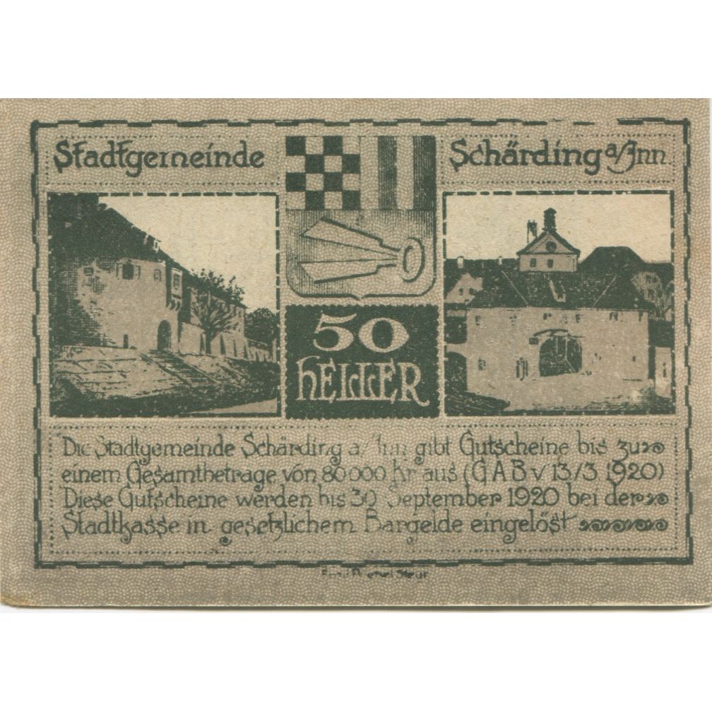 Banconote, Austria, Schärding, 50 Heller, Blason, 1920 SPL Mehl:FS 951I