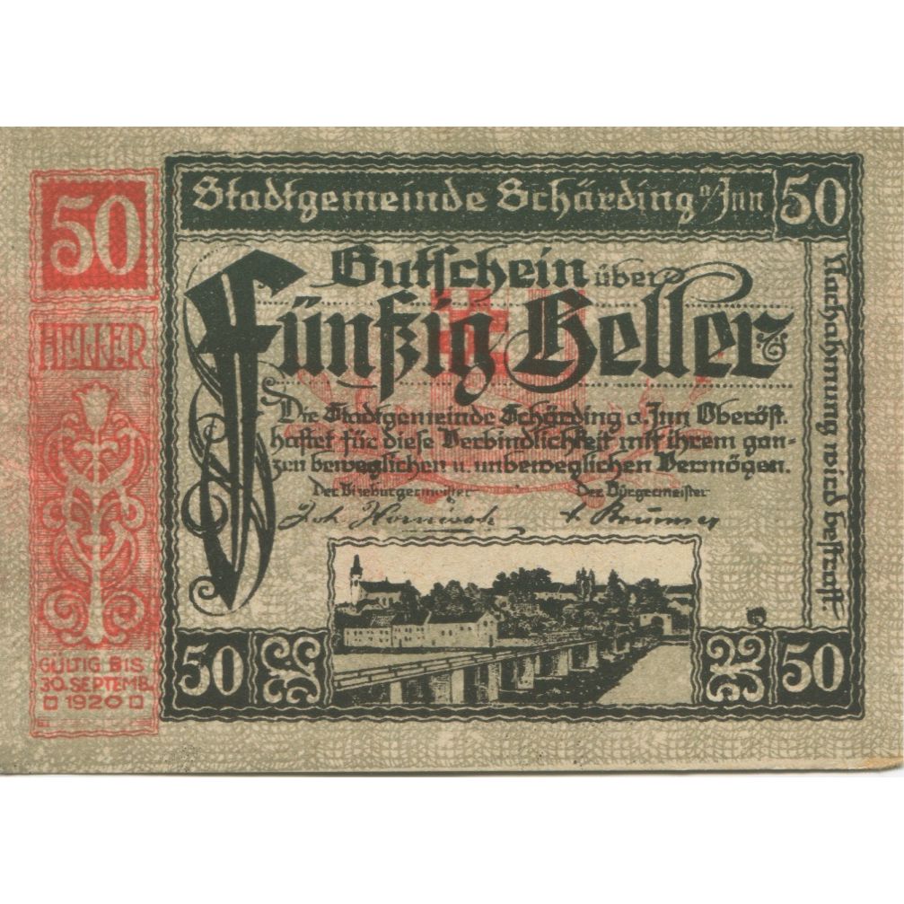 Banconote, Austria, Schärding, 50 Heller, Blason, 1920 SPL Mehl:FS 951I