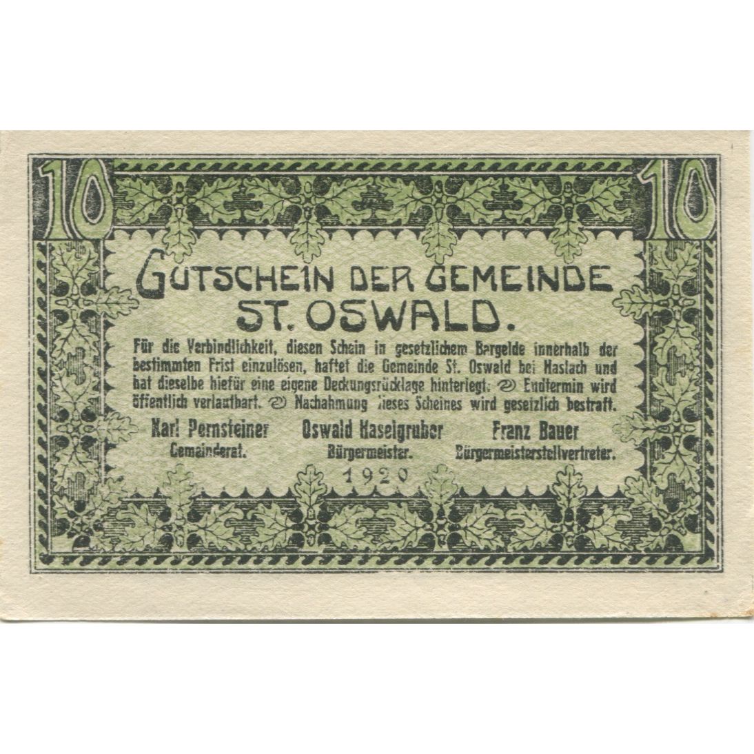 Banknote, Austria, St Oswald, 10 Heller, montagne, 1920, UNC(63), Mehl:FS 918