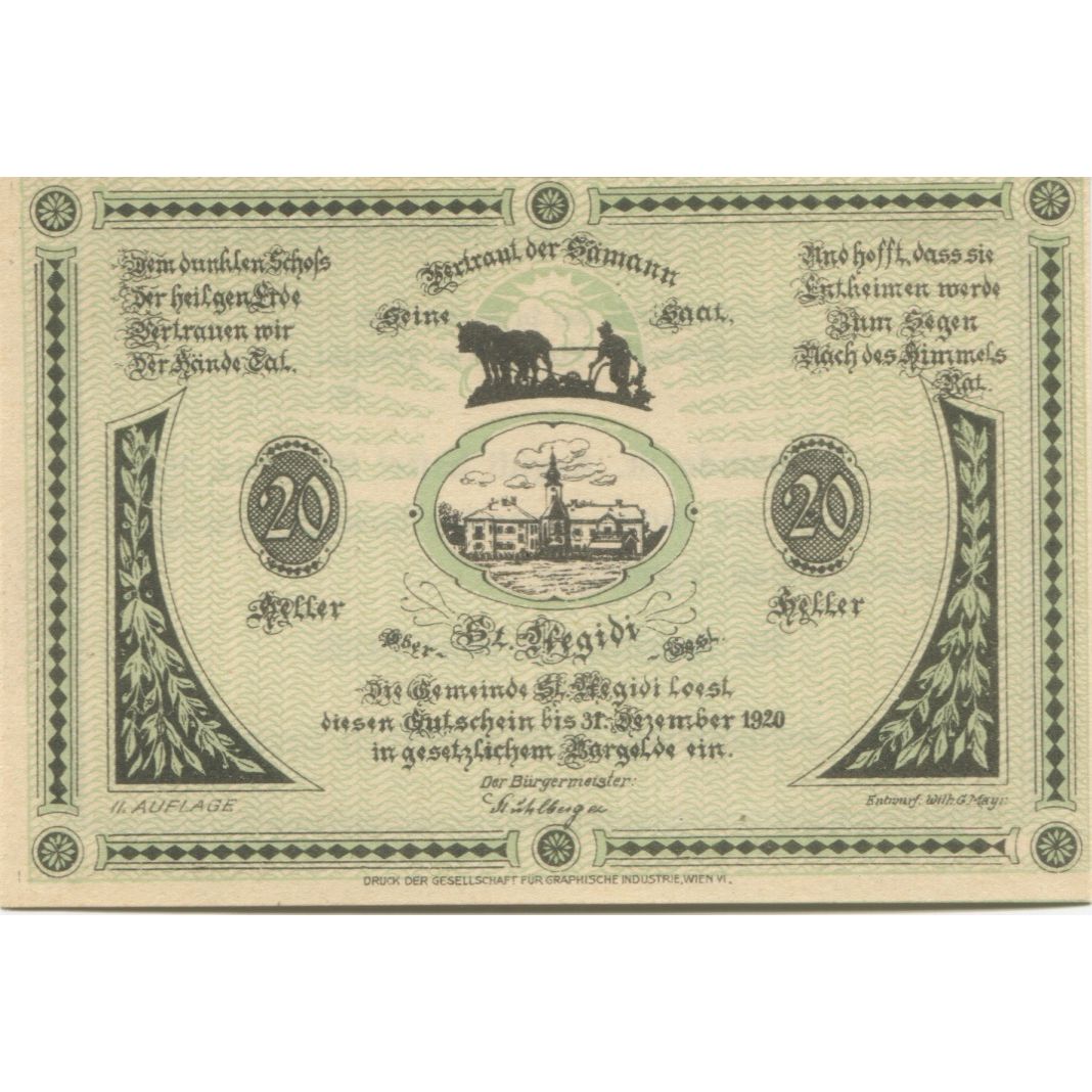 Banconote, Austria, St Aegidi, 20 Heller, Eglise 1920-12-31, SPL Mehl:FS 875IIa