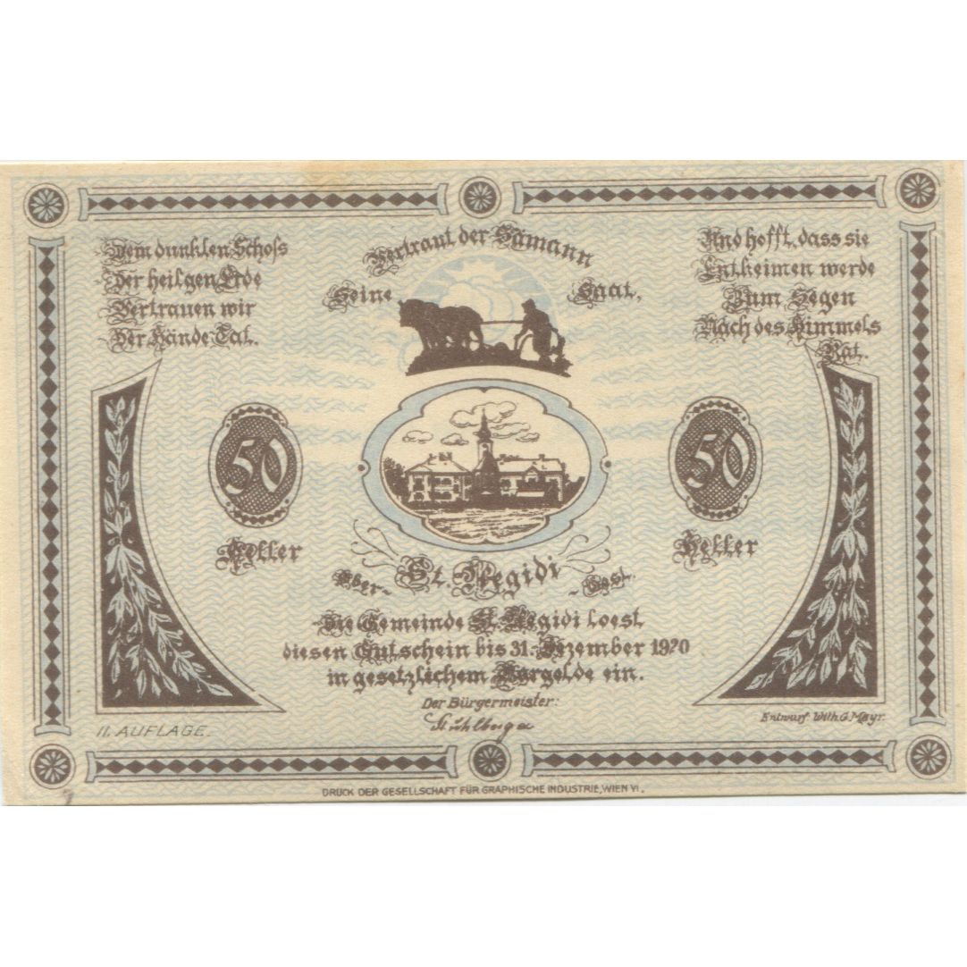 Banknote, Austria, St Aegidi, 50 Heller, Eglise, 1920 UNC(63) Mehl:FS 875IIa