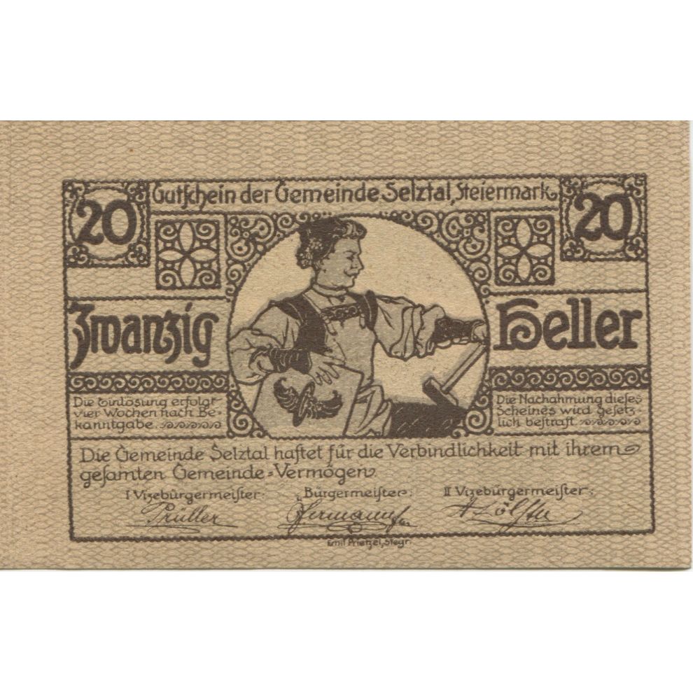 Banknote, Austria, Selztal, 20 Heller, personnage, 1920, UNC(63), Mehl:FS 991a