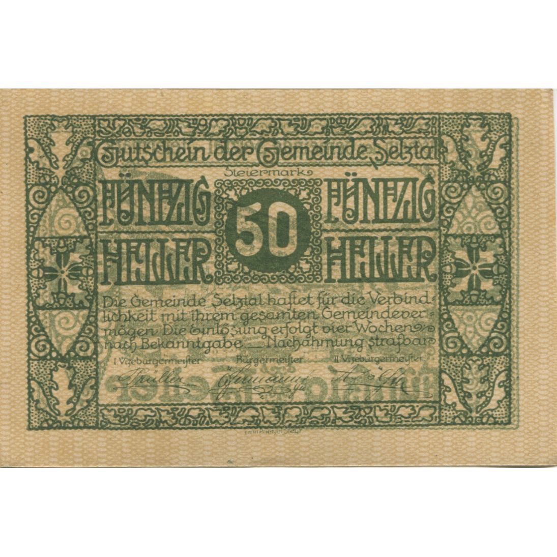 Banknote, Austria, Selztal, 50 Heller, paysage, 1920, UNC(63), Mehl:FS 991a