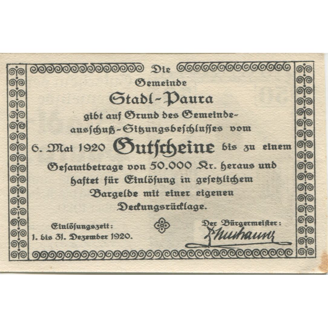 Billete, Austria, Paura, 50 Heller, lac, 1920, 1920-12-31, SC, Mehl:FS 1008IIa