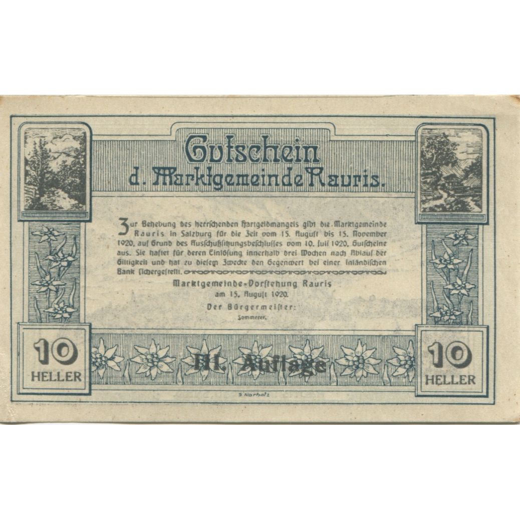 Banknote, Austria, Rauris, 10 Heller, paysage, 1920 UNC(63) Mehl:FS 823a
