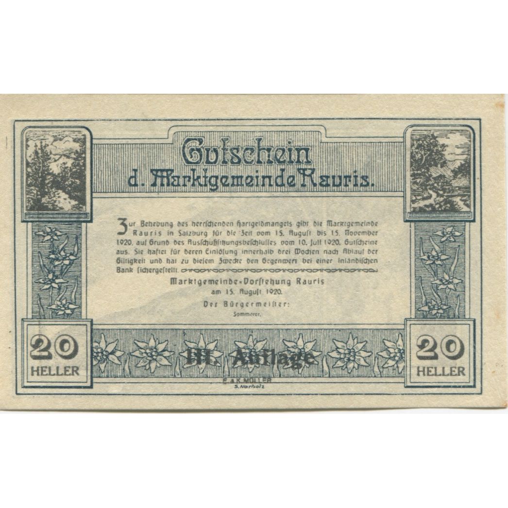 Banknote, Austria, Rauris, 20 Heller, montagne, 1920 UNC(63) Mehl:FS 823a
