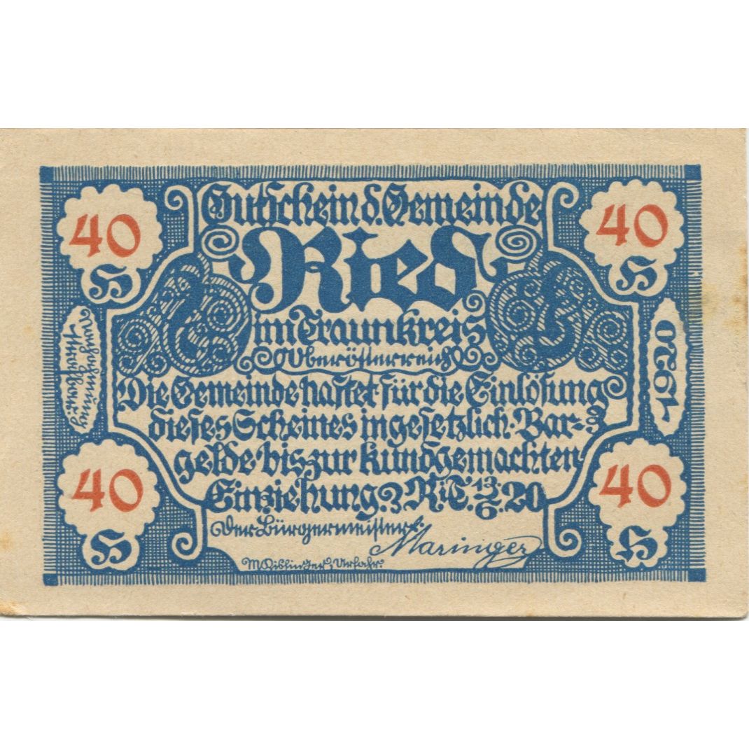 Nota, Áustria, Ried, 40 Heller, Eglise, 1920, UNC(63), Mehl:FS 836IIa