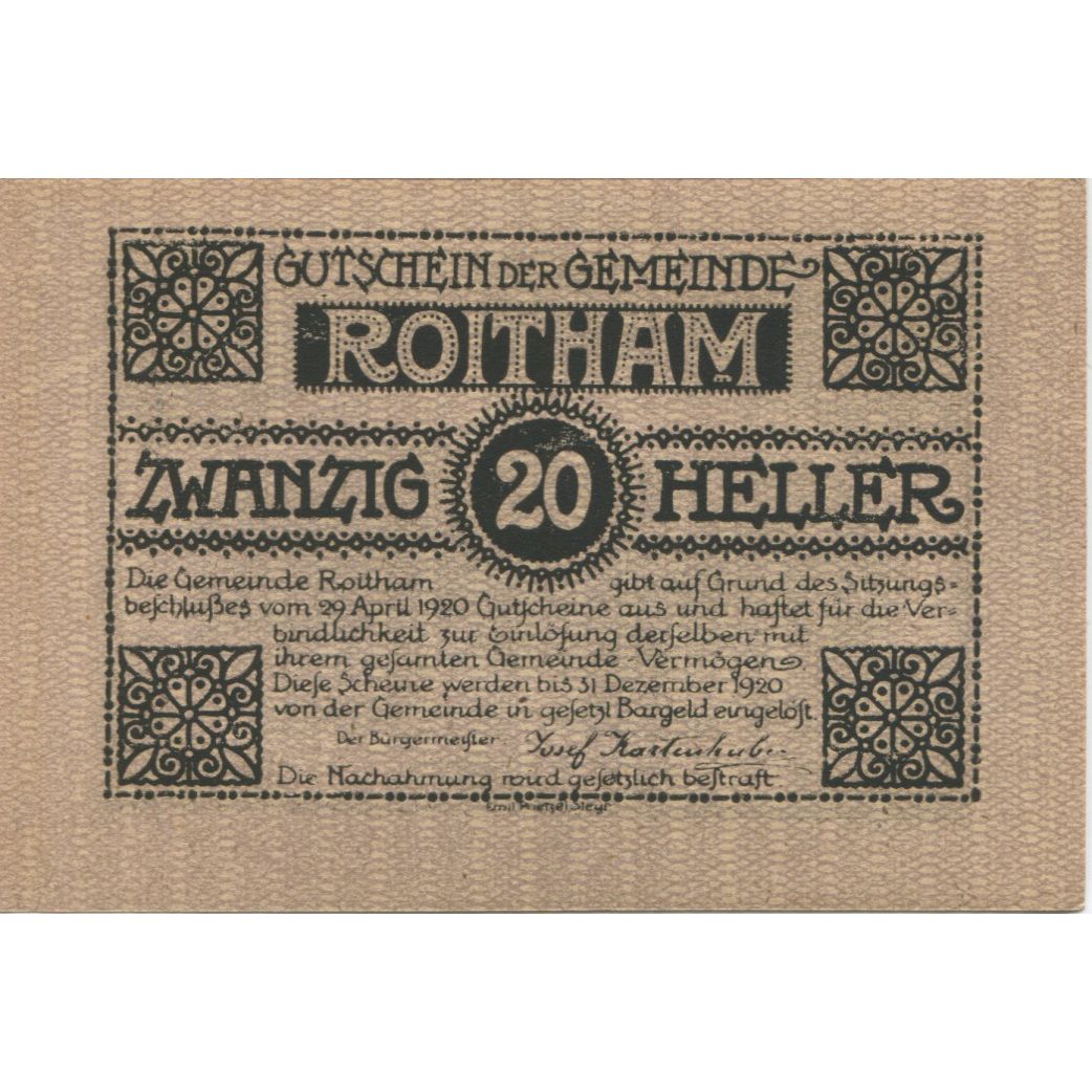 Nota, Áustria, Roitham, 20 Heller, paysage 1920-12-31, UNC(63), Mehl:FS 843a