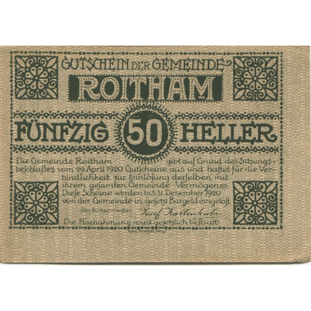 Banconote, Austria, Roitham, 50 Heller, Forêt 1920-12-31, SPL Mehl:FS 843a