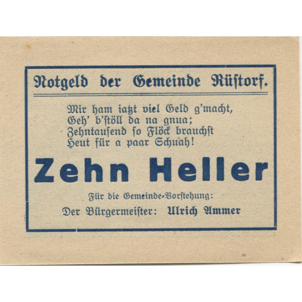 Banknote, Austria, Rustorf, 10 Heller, Blason, 1920 UNC(63) Mehl:FS 856a
