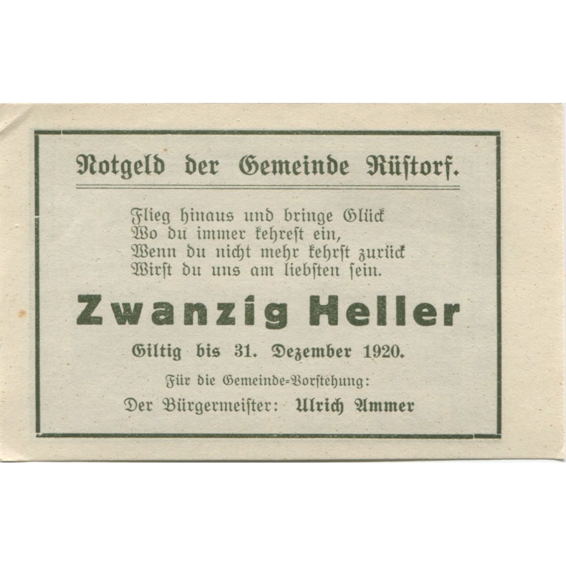 Banconote, Austria, Rustorf, 20 Heller, paysage 1920-12-31, SPL Mehl:FS 856a