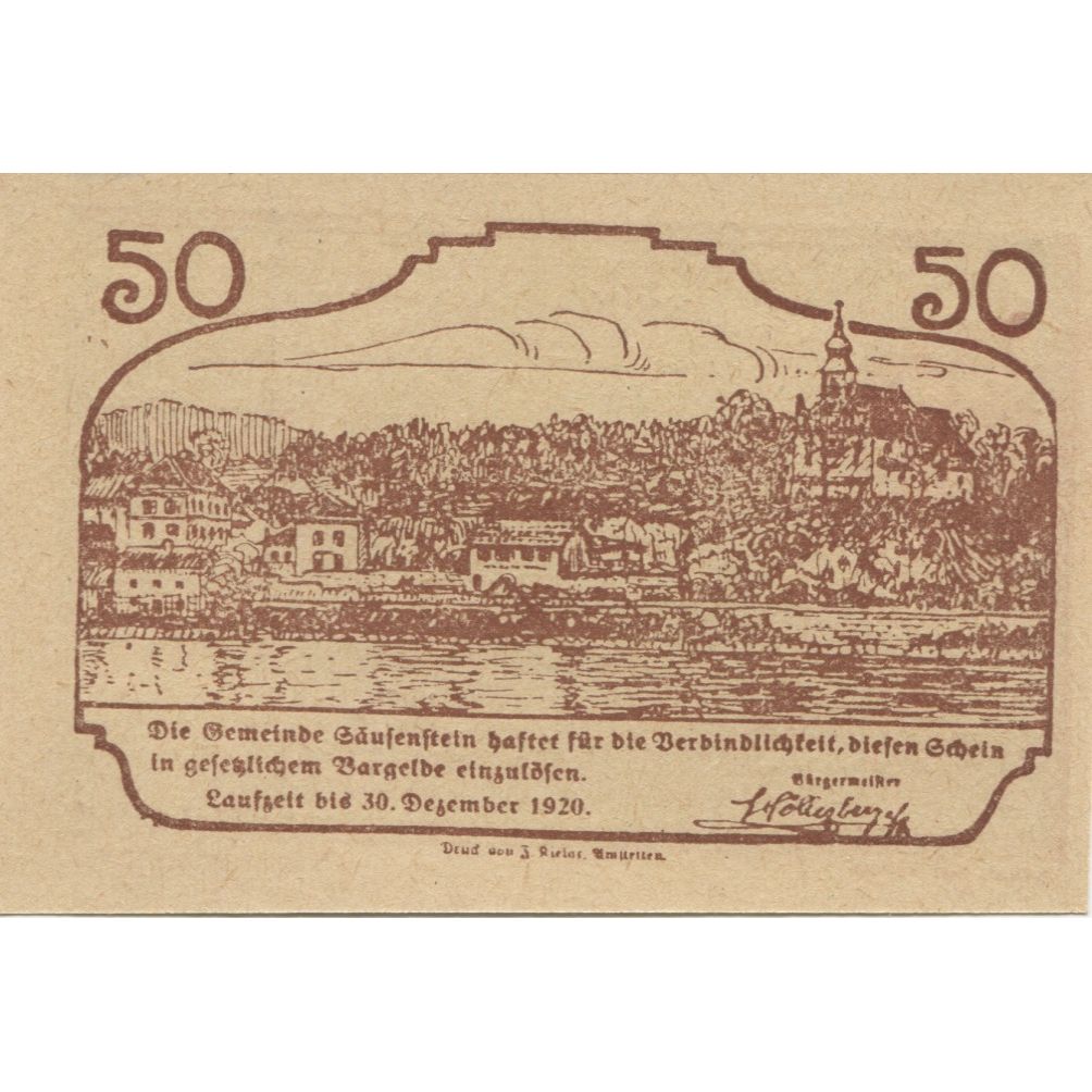Banknote, Austria, Säusenstein, 50 Heller, personnage, 1920 UNC(63) Mehl:FS 950a