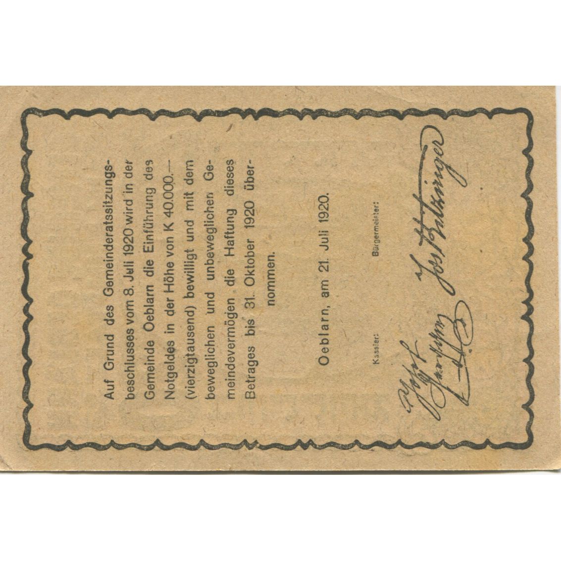 Nota, Áustria, Oeblarn, 20 Heller, rue, 1920, 1920-10-31, UNC(63), Mehl:FS 700