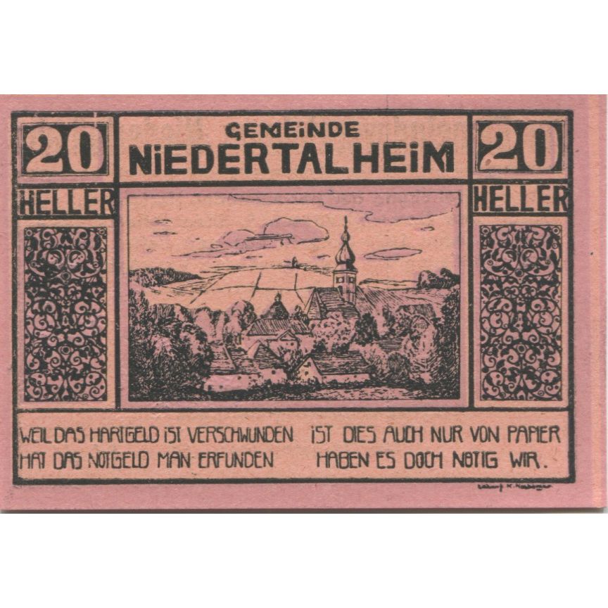 Nota, Áustria, Niederthalheim, 20 Heller, village, 1920 UNC(63) Mehl:FS 672d