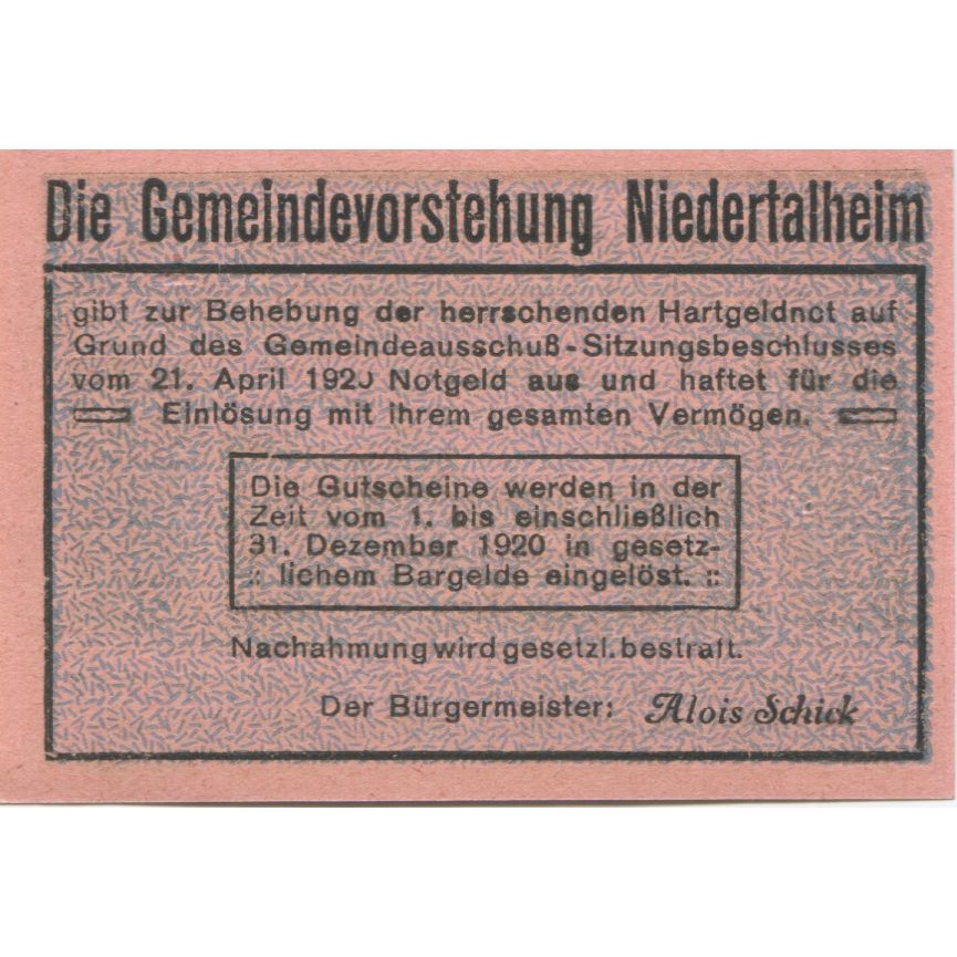 Nota, Áustria, Niederthalheim, 20 Heller, village, 1920 UNC(63) Mehl:FS 672d