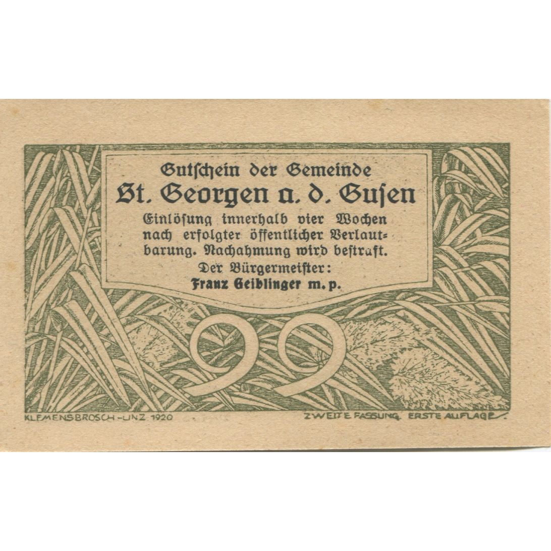 Nota, Áustria, St Georgen, 99 Heller, herbe, 1920, UNC(63), Mehl:FS 886IIb