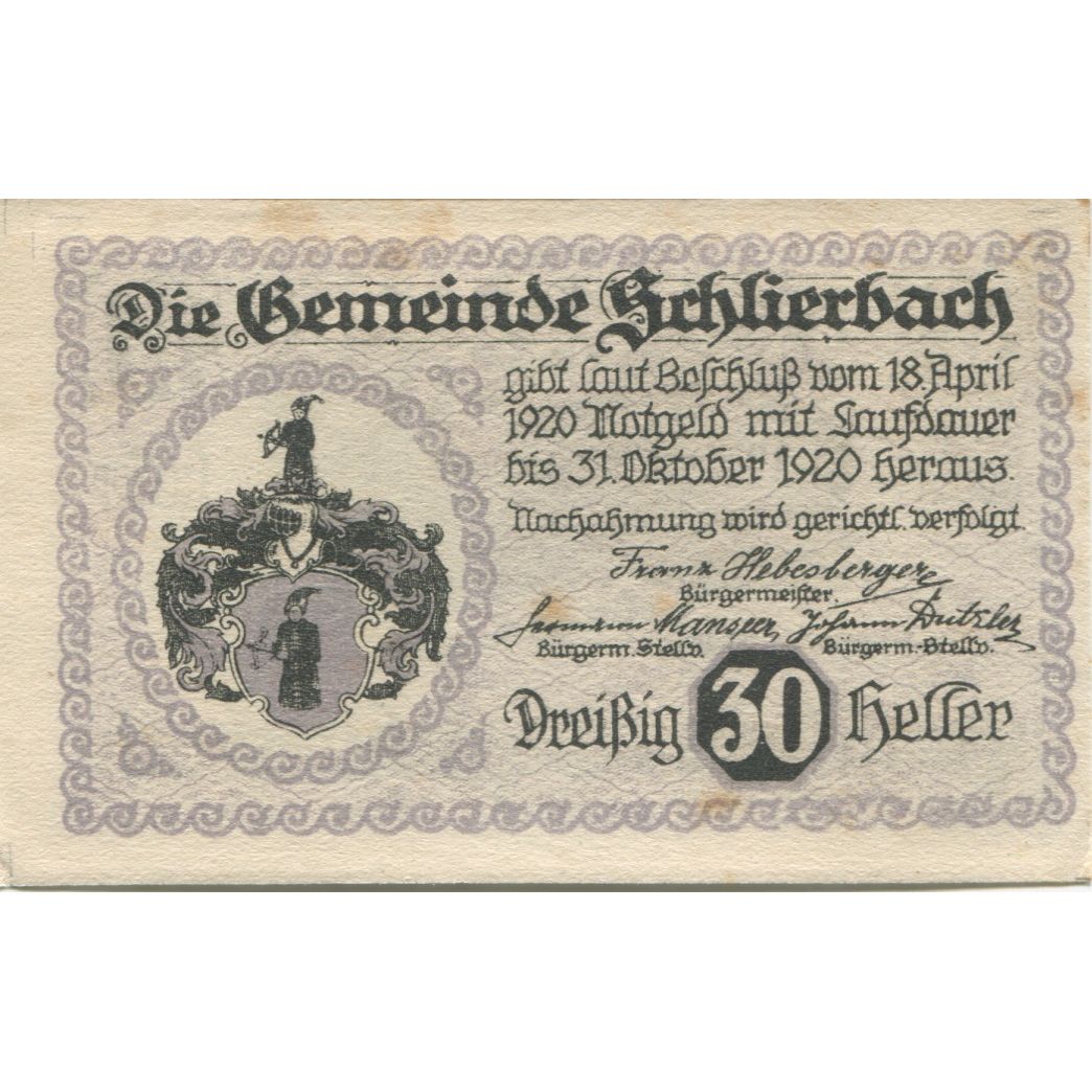 Banknote Austria Oberschlierbach 30 Heller Blason 1920 AU(55-58) Mehl:FS 886IIb