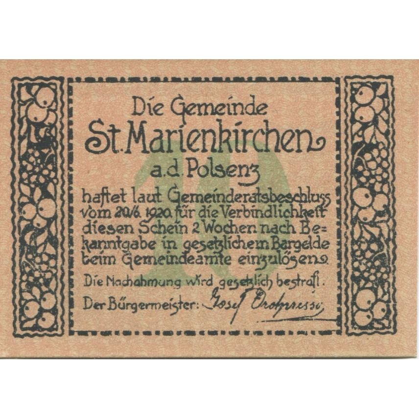 Nota, Áustria, Marienkirchen, 10 Heller, Eglise, 1920, UNC(63), Mehl:FS 909a