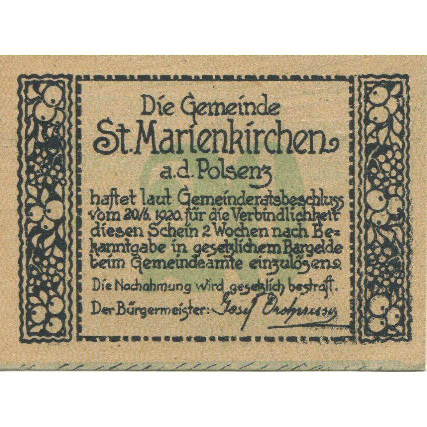 Nota, Áustria, Marienkirchen, 20 Heller, rue, 1920, UNC(63), Mehl:FS 909a