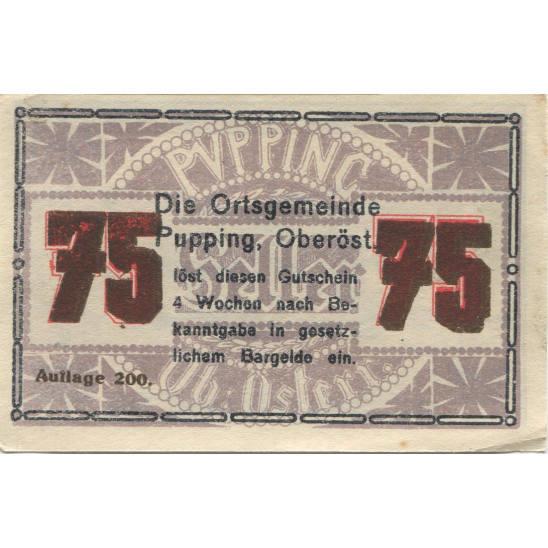 Banknote, Austria, Pupping, 75 Heller, village, 1920, UNC(63), Mehl:FS 792IIe