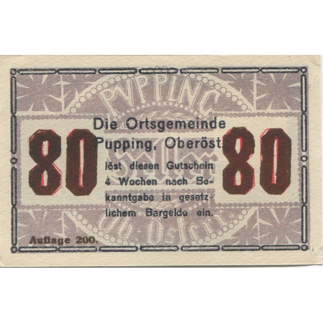 Banknote, Austria, Pupping, 80 Heller, lac, 1920, UNC(63), Mehl:FS 792IIe
