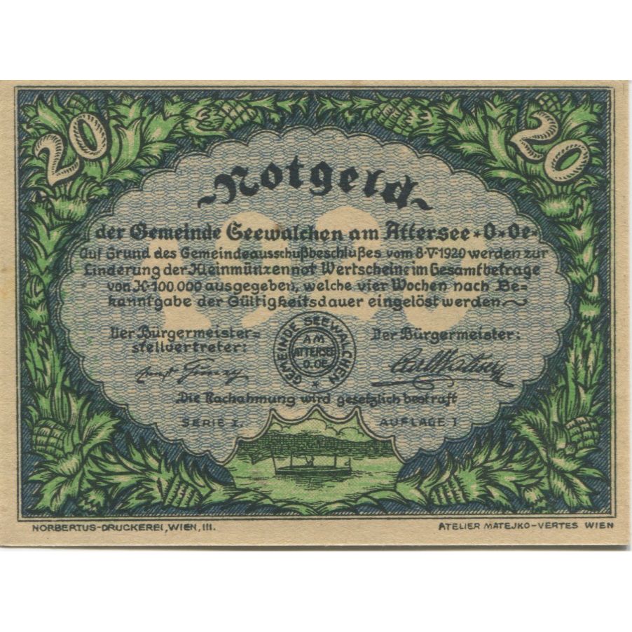 Banknote, Austria, Attersee, 20 Heller, paysage, 1920, UNC(63), Mehl:FS 988a
