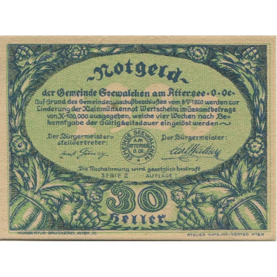 Banknote, Austria, Attersee, 30 Heller, Forêt, 1920, UNC(63), Mehl:FS 988a