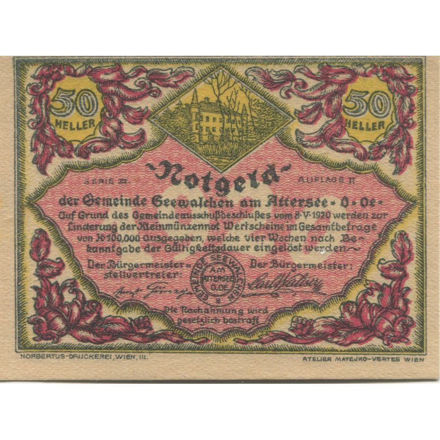 Banknote, Austria, Attersee, 50 Heller, lac, 1920, UNC(63), Mehl:FS 988a