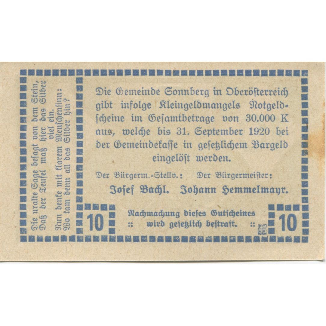 Banknote, Austria, Sonnberg, 10 Heller, ruine, 1920 UNC(63) Mehl:FS 1003a