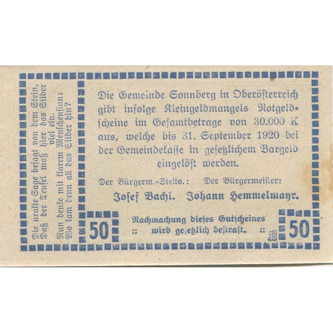 Nota, Áustria, Sonnberg, 50 Heller, rocher 1, 1920 UNC(63) Mehl:FS 1003a