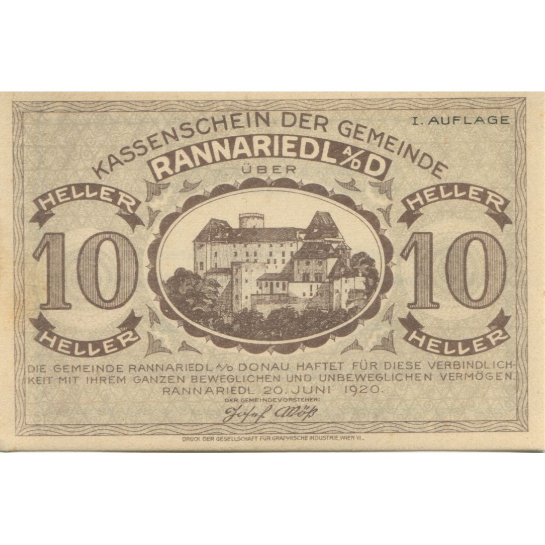 Banknote, Austria, Rannariedl, 10 Heller, château, 1920 UNC(63) Mehl:FS 818a