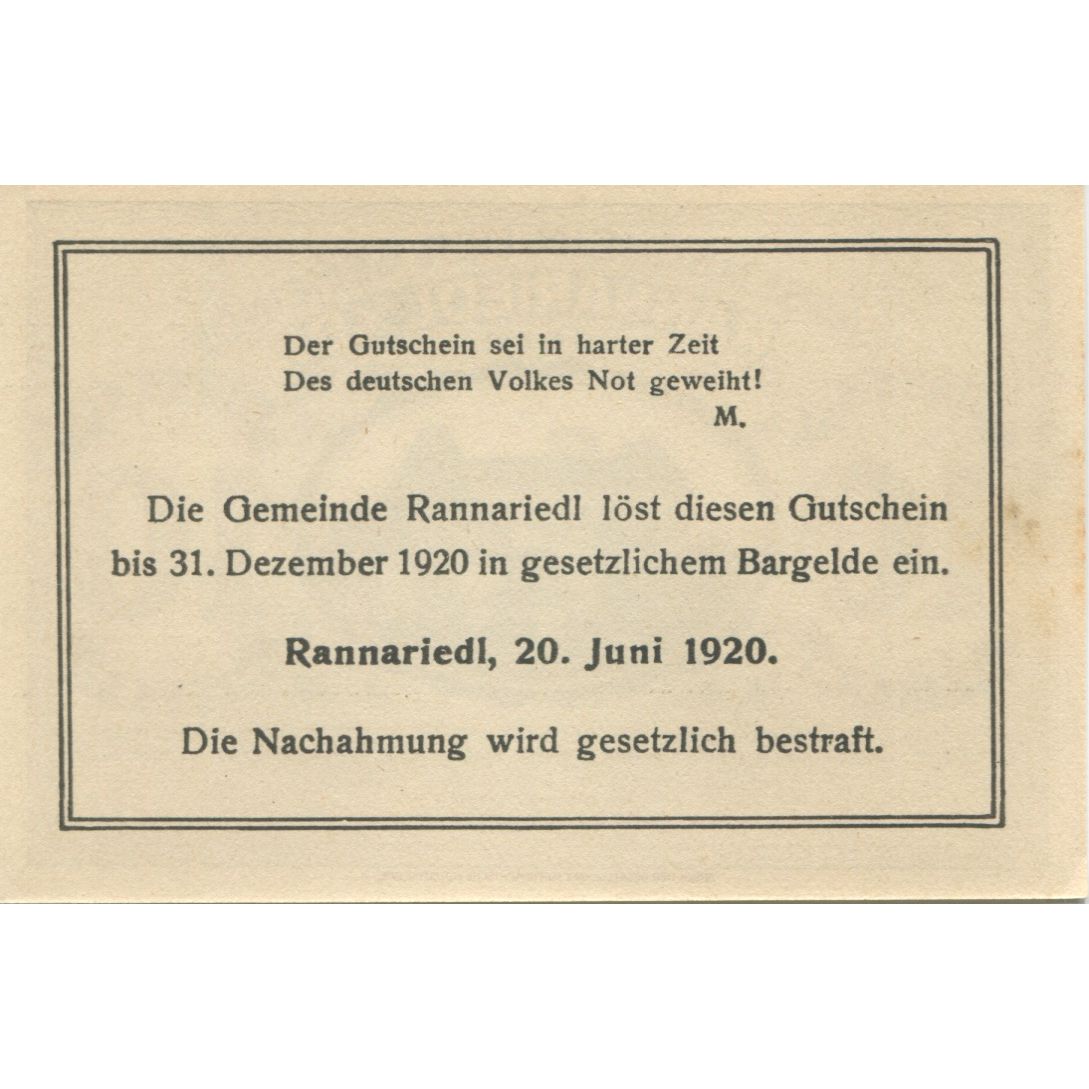 Banknote, Austria, Rannariedl, 10 Heller, château, 1920 UNC(63) Mehl:FS 818a