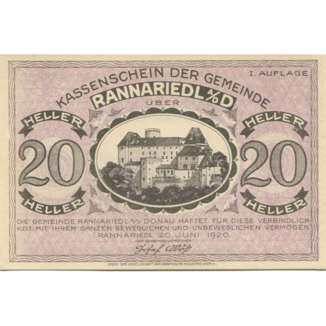 Banconote, Austria, Rannariedl, 20 Heller, château 1, 1920, 1920-12-31, SPL