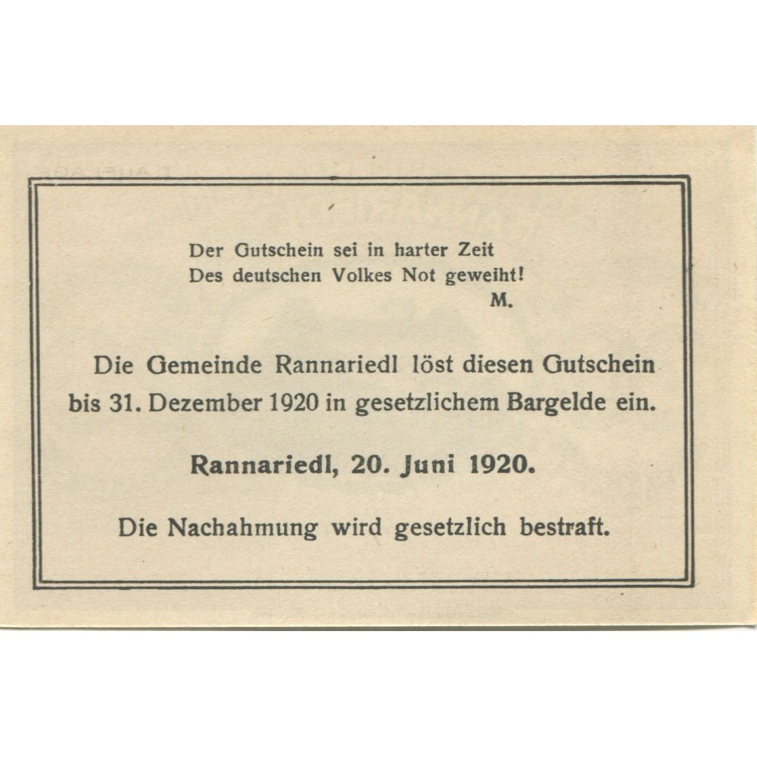 Banconote, Austria, Rannariedl, 20 Heller, château 1, 1920, 1920-12-31, SPL