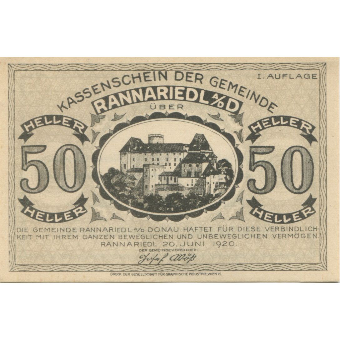 Banknote, Austria, Rannariedl, 50 Heller, château 2, 1920 UNC(63) Mehl:FS 818a