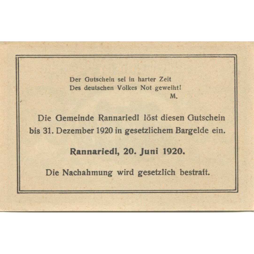 Banknote, Austria, Rannariedl, 50 Heller, château 2, 1920 UNC(63) Mehl:FS 818a