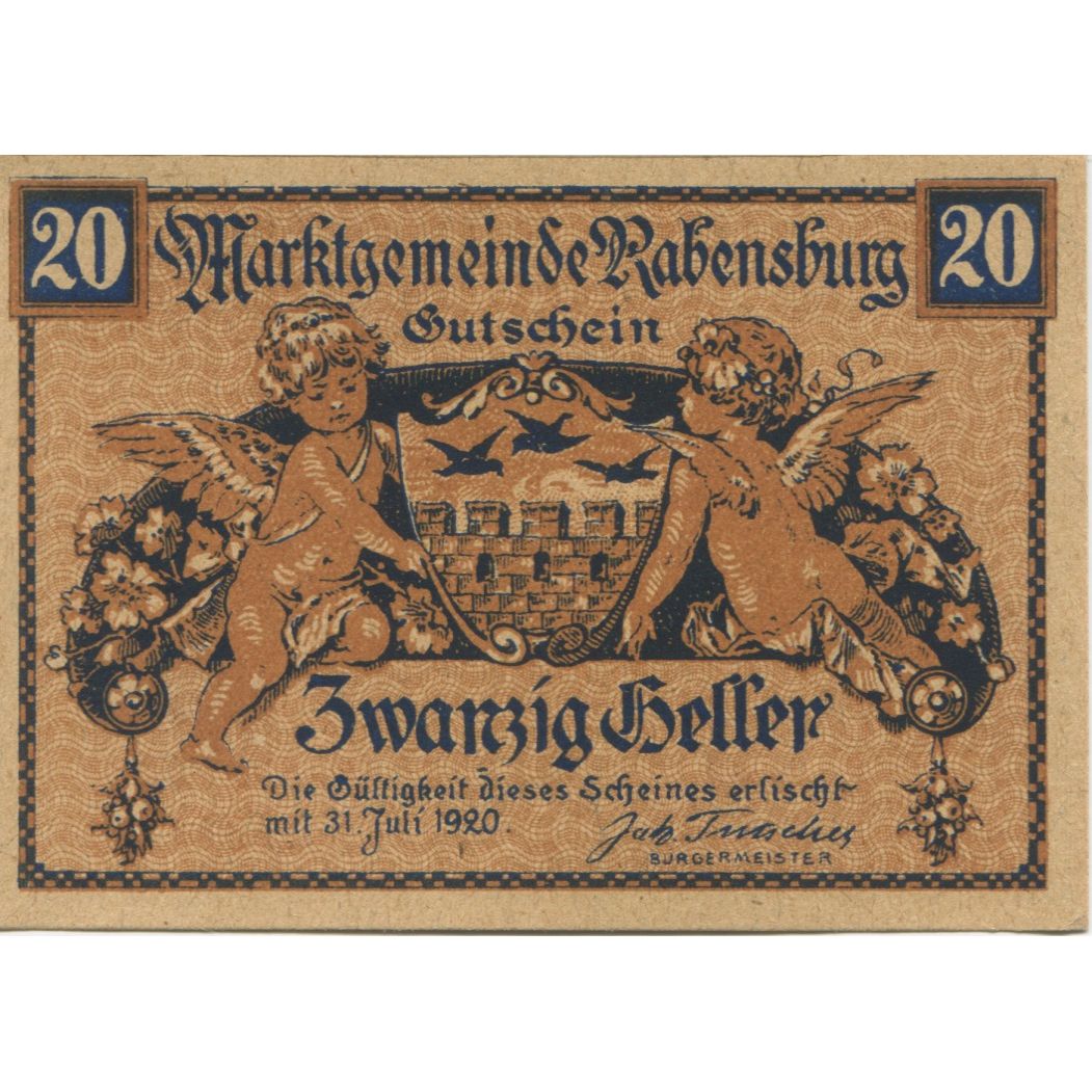 Nota, Áustria, Rabensburg, 20 Heller, Blason 1, 1920-07-31, UNC(63) Mehl:FS 807a