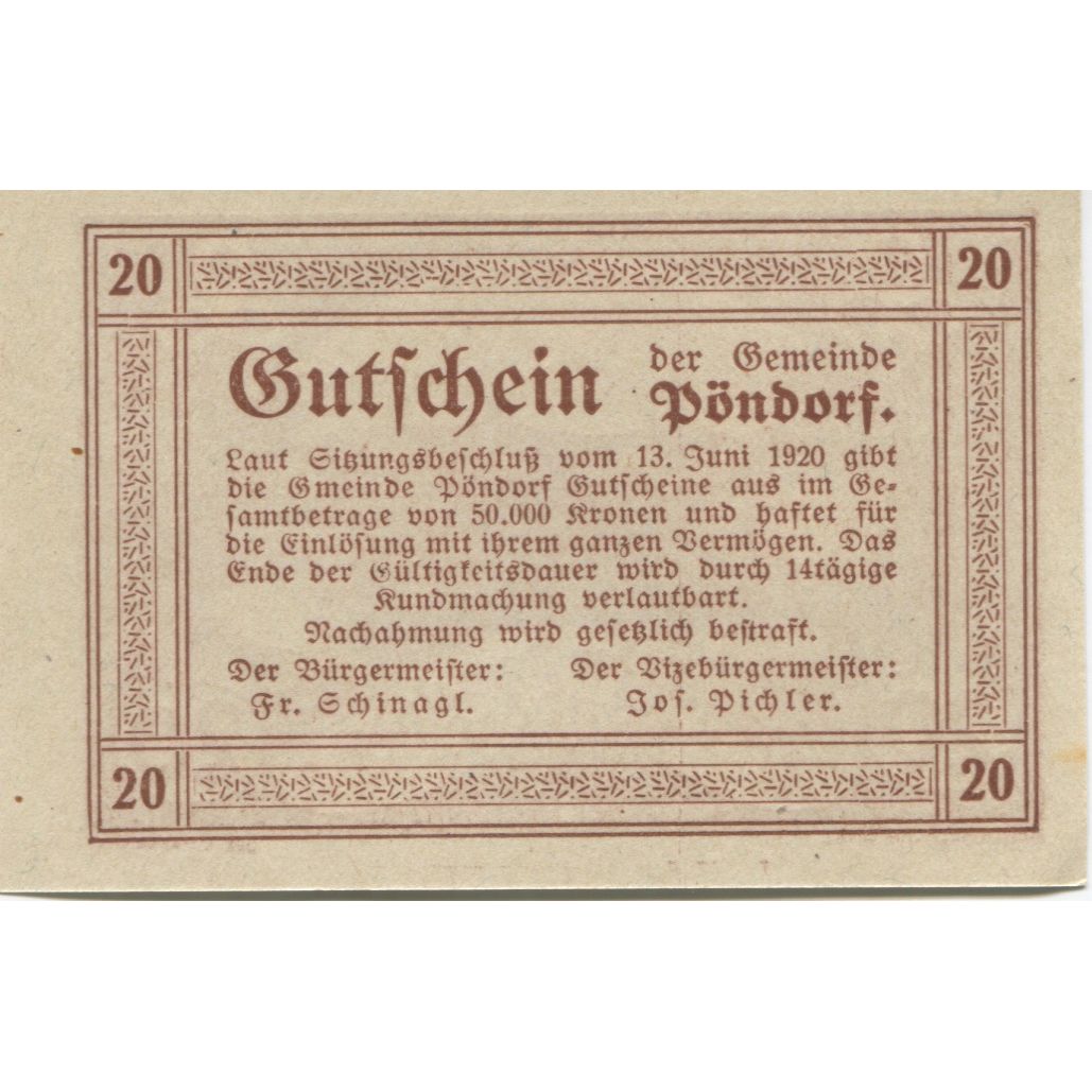 Banknote, Austria, Pöndorf, 20 Heller, ferme, 1920, UNC(63), Mehl:FS 757d