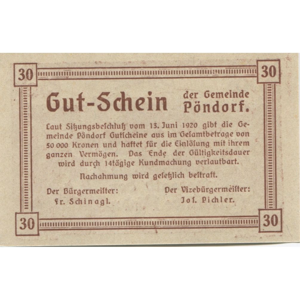 Nota, Áustria, Pöndorf, 30 Heller, champs, 1920, UNC(63), Mehl:FS 757d