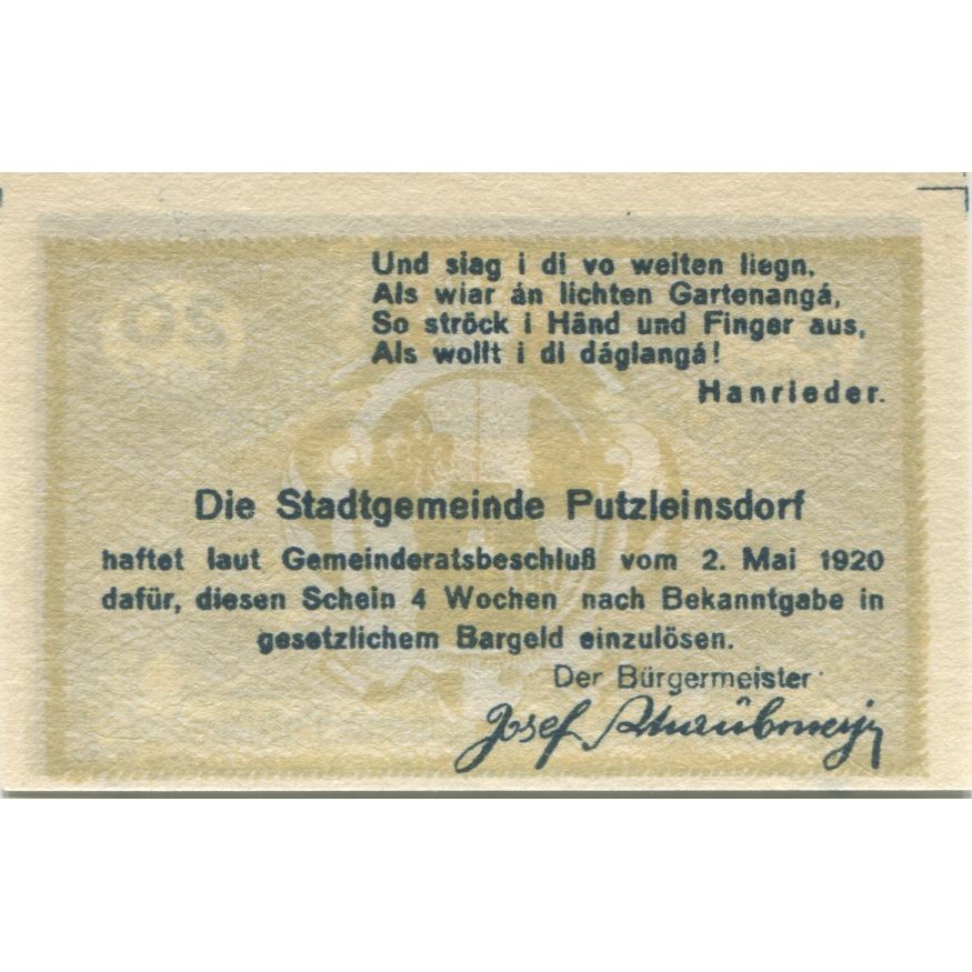 Nota, Áustria, Putzleinsdorf, 20 Heller, paysage, 1920 UNC(63) Mehl:FS 804b
