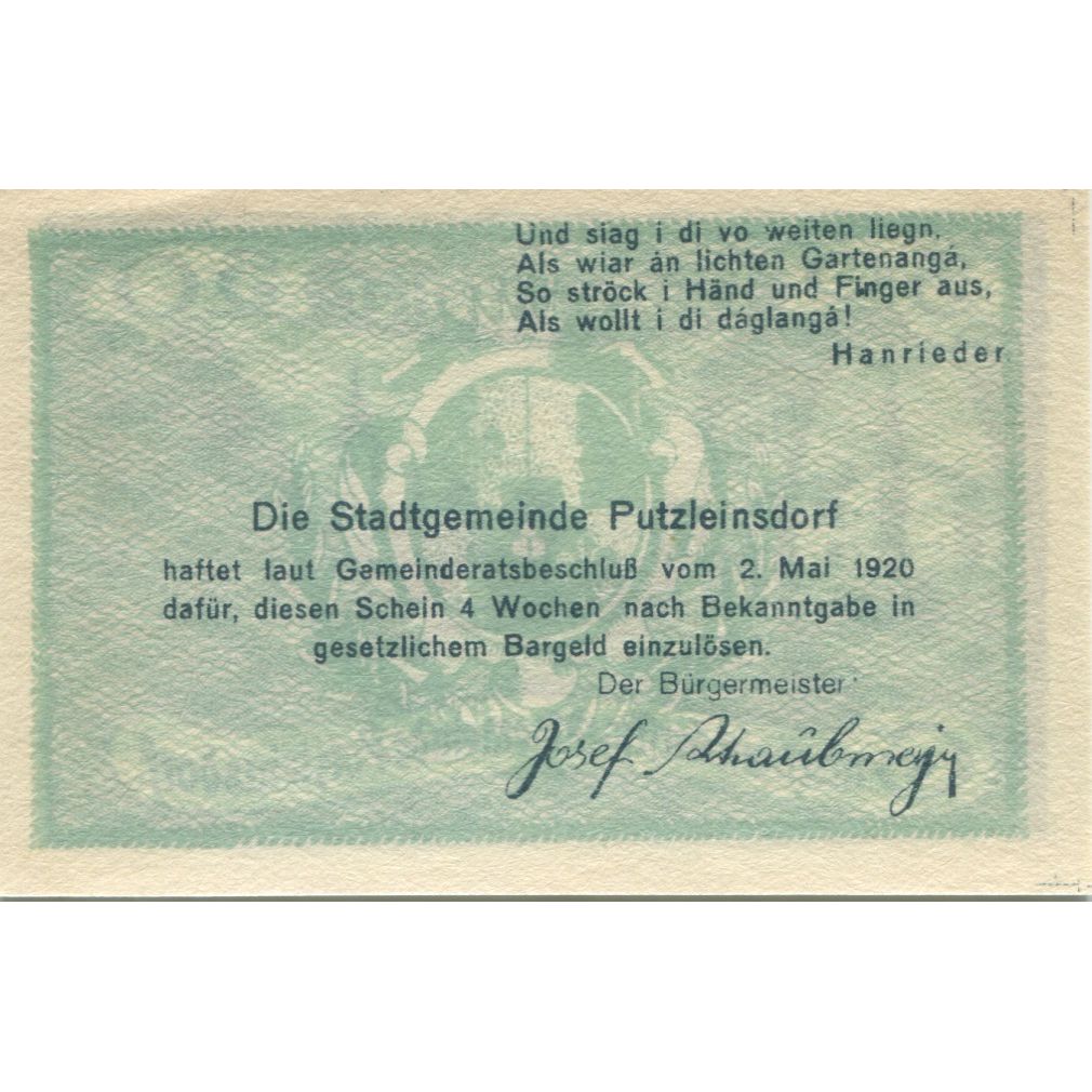 Banknote, Austria, Putzleinsdorf, 50 Heller, rue, 1920 UNC(63) Mehl:FS 804b