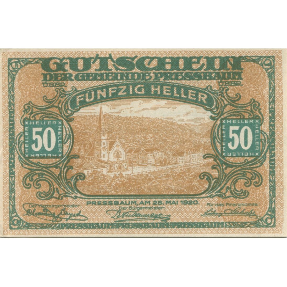 Banknote, Austria, Pressbaum, 50 Heller, Eglise, 1921 UNC(63) Mehl:FS 784a