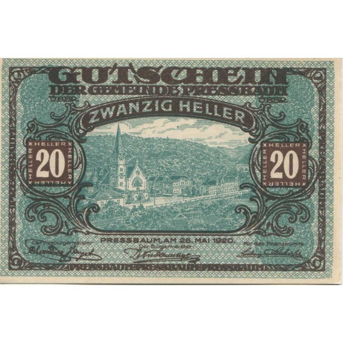 Banknote, Austria, Pressbaum, 20 Heller, village 1921 UNC(63) Mehl:FS 784a
