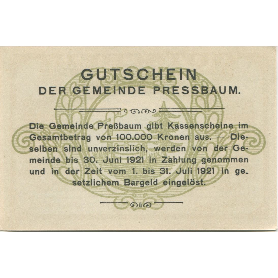 Banknote, Austria, Pressbaum, 20 Heller, village 1921 UNC(63) Mehl:FS 784a