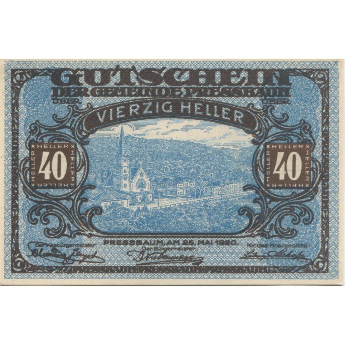 Nota, Áustria, Pressbaum, 40 Heller, Eglise 1921-07-31, UNC(63), Mehl:FS 784a