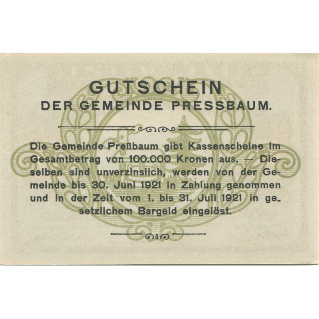 Nota, Áustria, Pressbaum, 40 Heller, Eglise 1921-07-31, UNC(63), Mehl:FS 784a